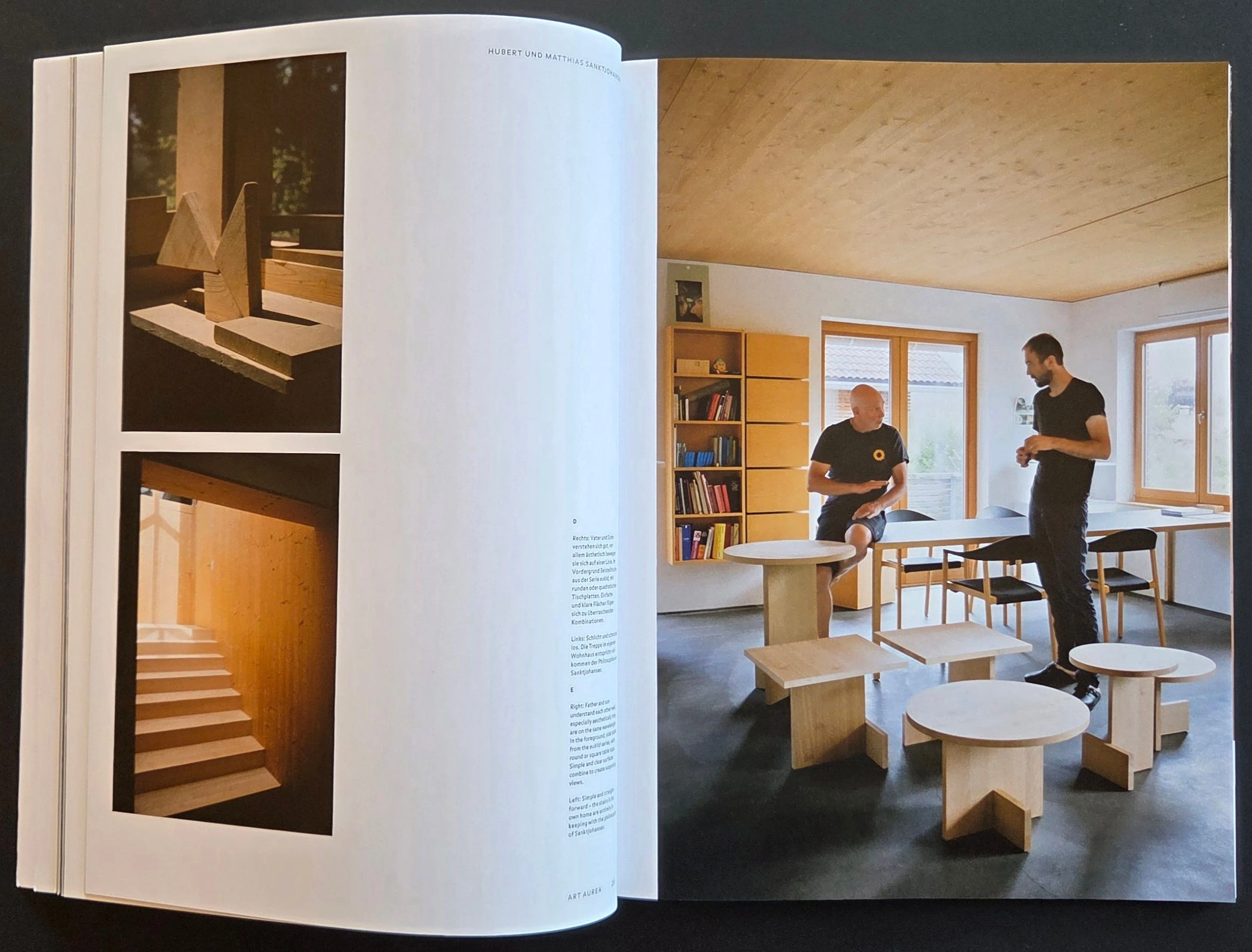 Doppelseite mit Konstruktionsdetail, Treppe und dem Essplatz im Wohnhaus