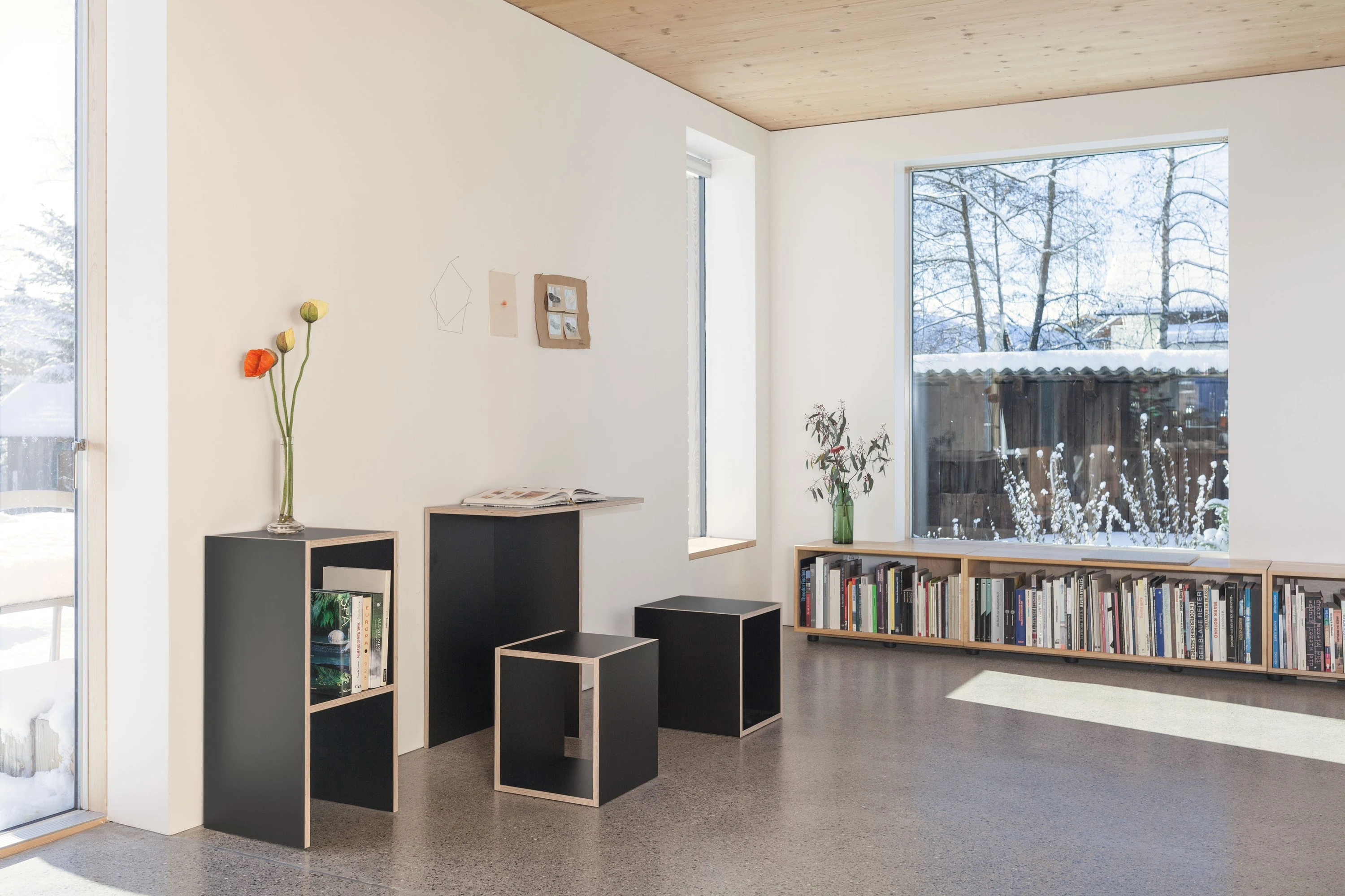 Heller Raum mit schwarzen Universalmöbeln, Blumen und niedrigem Bücherregal vor den Fenstern.