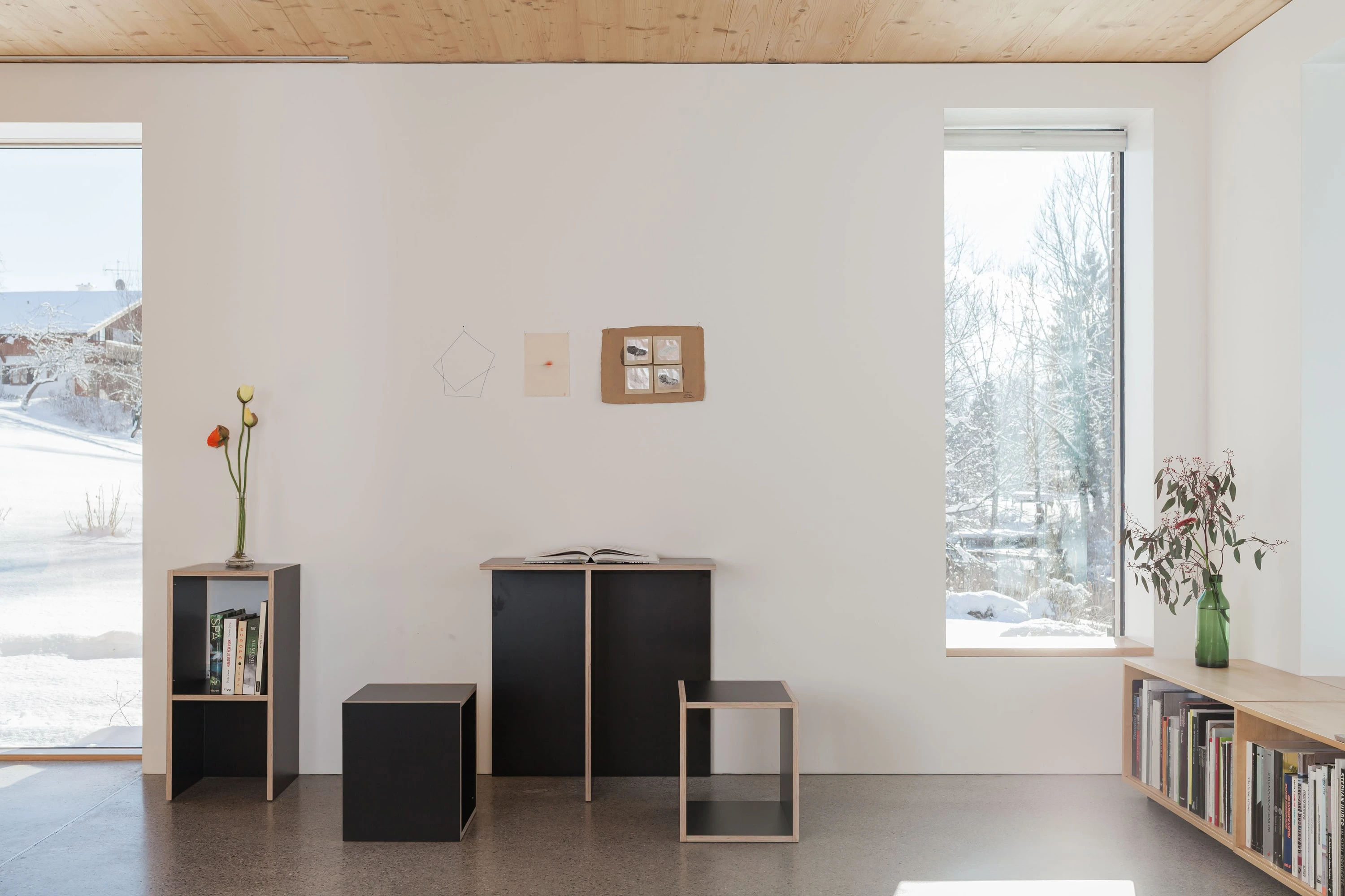 Weisser Raum mit schwarzen Universalmöbeln, Blumenvasen und Bücherregal.